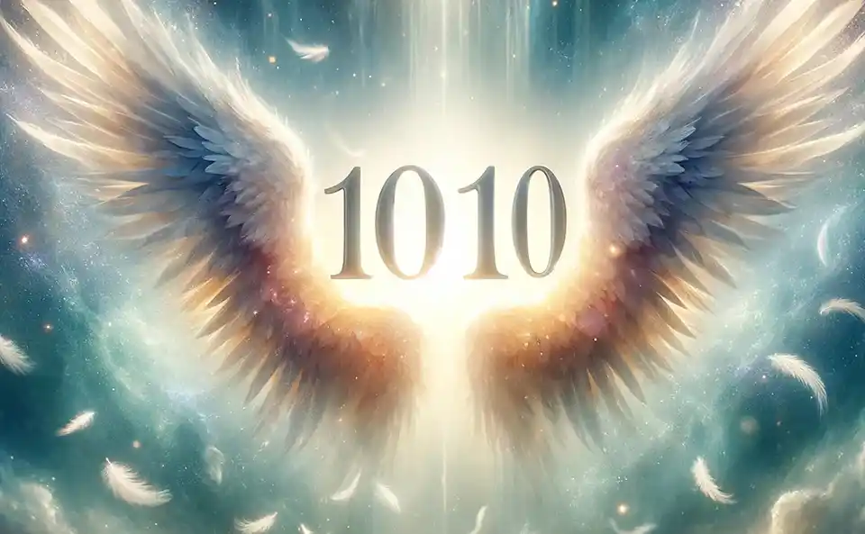 Numéro d'ange 1010 entouré d'ailes d'ange et de lumière céleste.