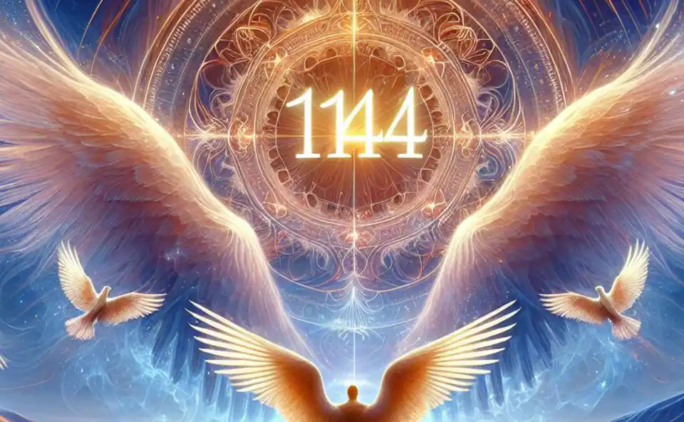 Représentation mystique et éthérée du nombre angélique 1144 avec une numérotation resplendissante et une imagerie céleste.