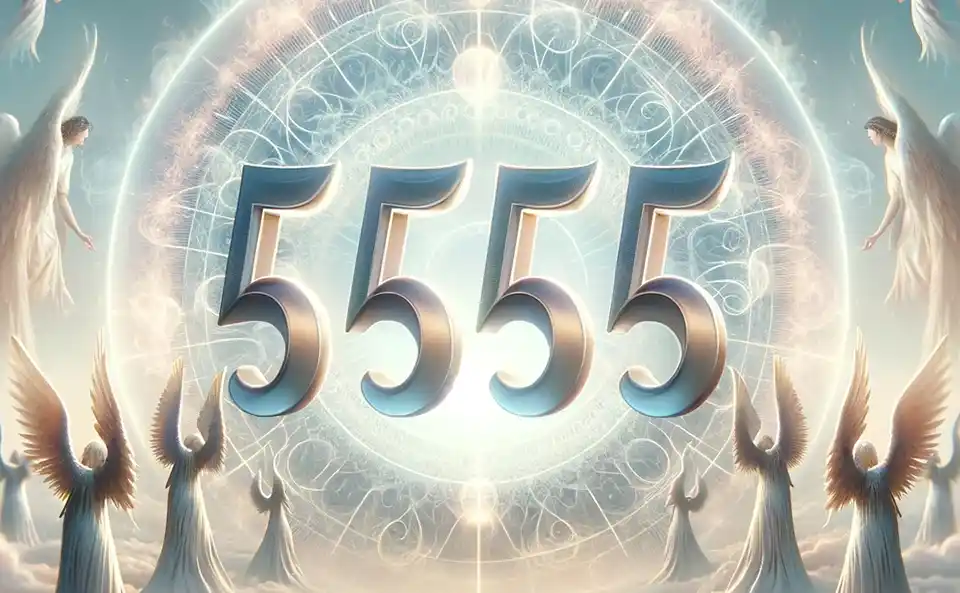 Numéro angélique 5555 entouré de figures angéliques et de lumière éthérée