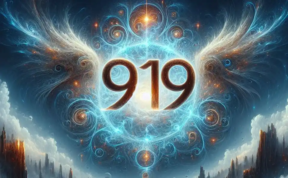 Paysage serein avec le numéro 919 brillant dans le ciel, symbolisant la guidance et l'éclaircissement.