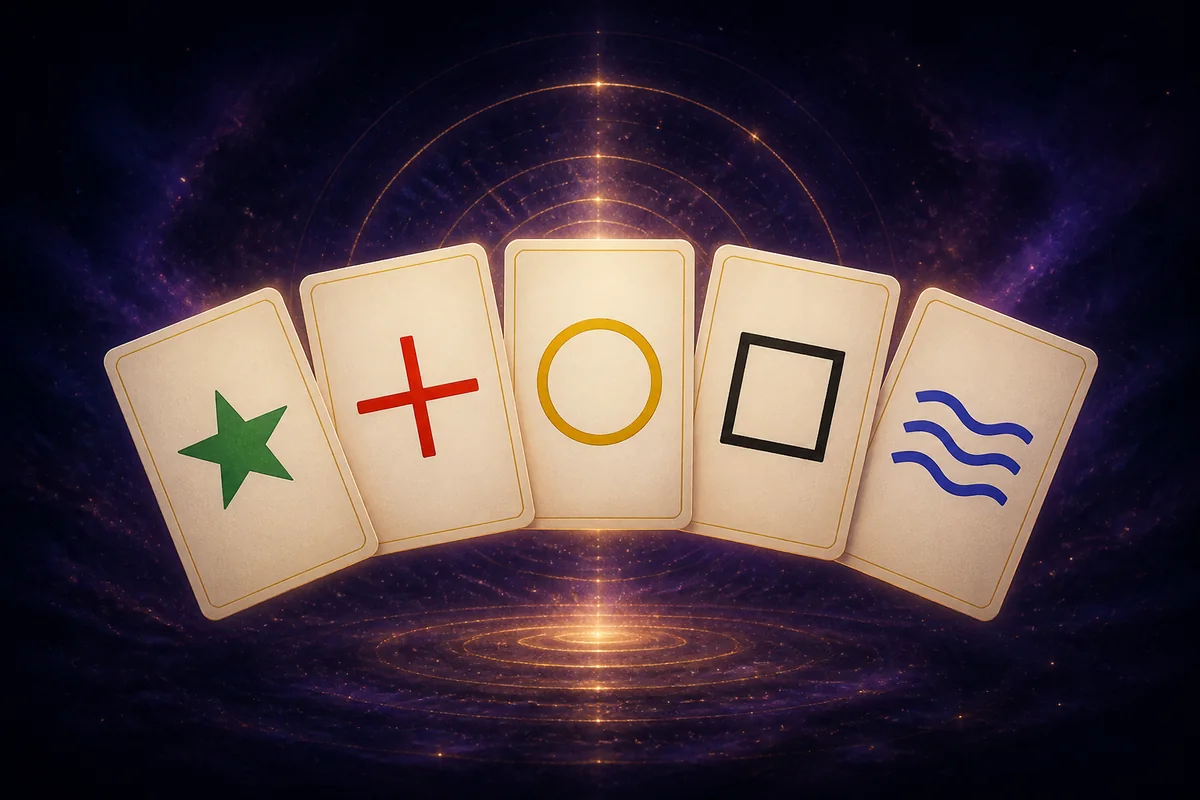 Cinq cartes de Zener avec une étoile, une croix, un cercle, un carré et des vagues