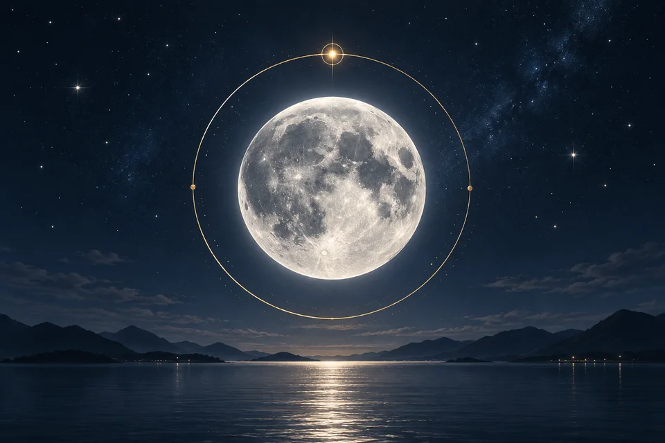 Une Lune argentée dans son orbite dorée au-dessus d’un horizon nocturne