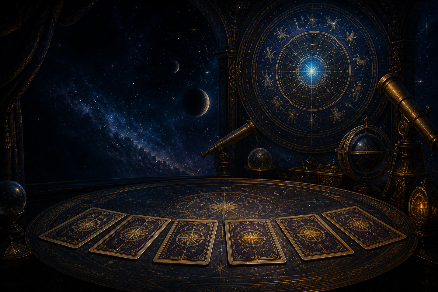 Table céleste avec sept cartes du Tarot Astrologique